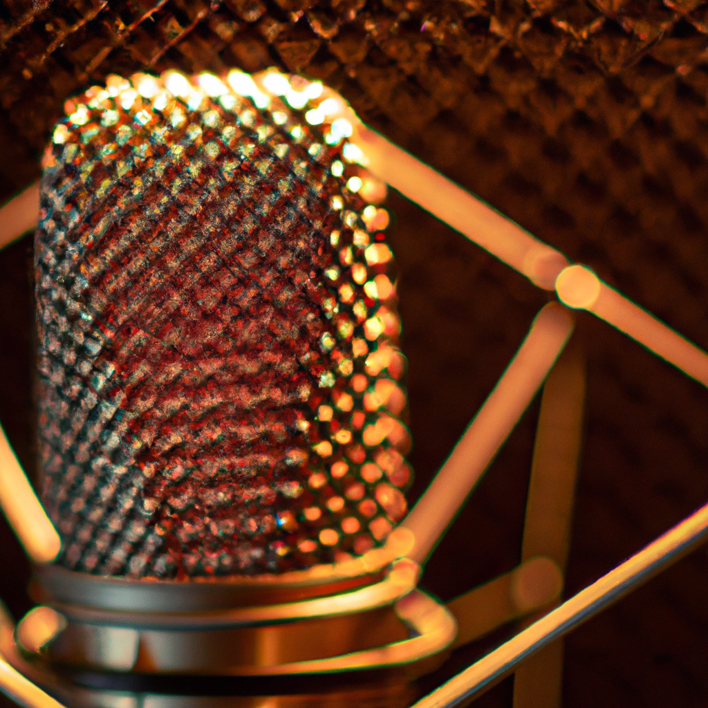 Microphone de studio avec filtre anti-pop dans une cabine d’enregistrement, lumière chaude