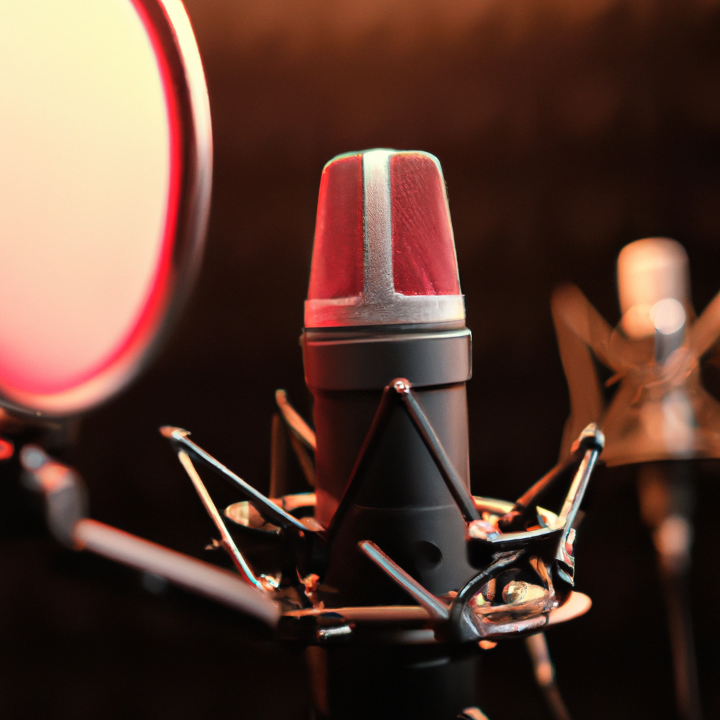 Studio professionnel de voix-off avec microphone à grand diaphragme et panneaux acoustiques